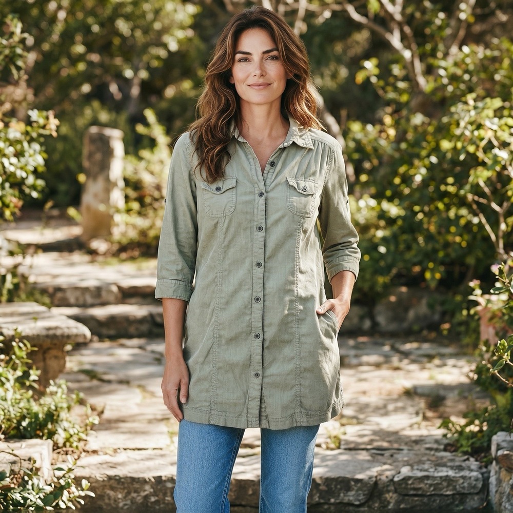 Fun & Flirt Khaki Shirt Dress Med Button Front Utility Safari Lightweight Boho